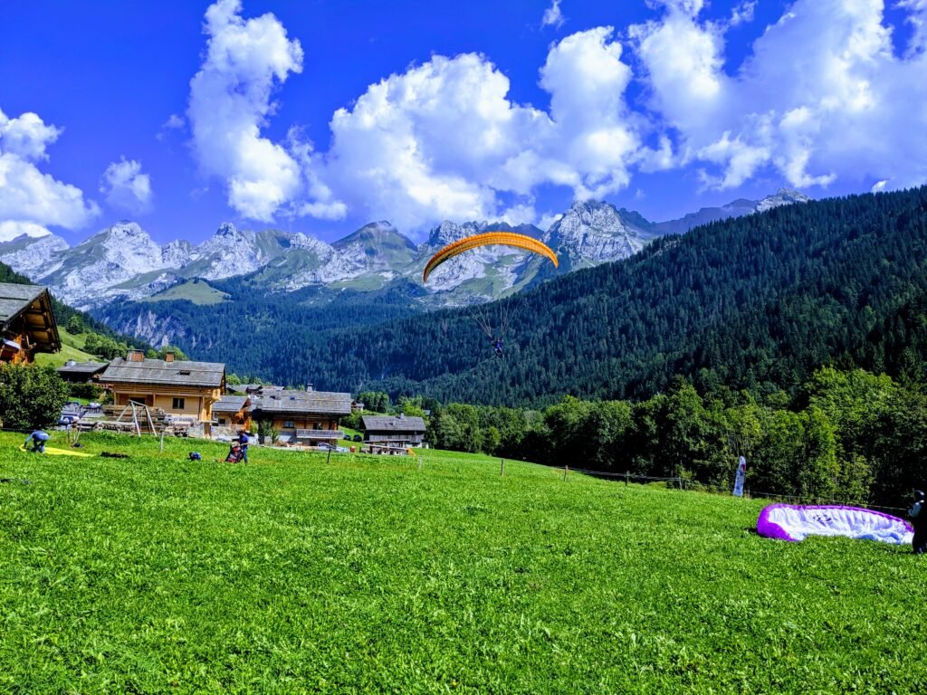 A Paraglider coming in to land at Le Grand Bornand