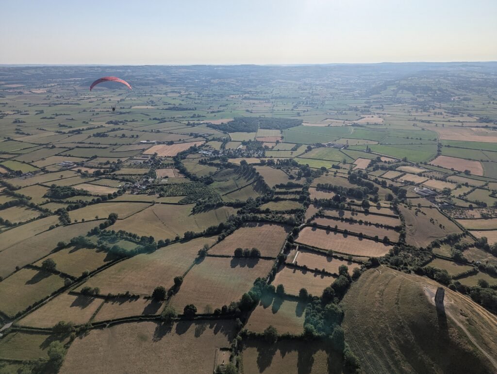 Sky Riders Roadster 4 Flying over Glastonbury Tor